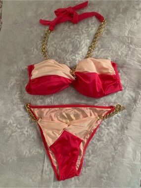 NWOT Vintage Victoria’s Secret XS Bikini Set Pink Red Gold Chain | Rare